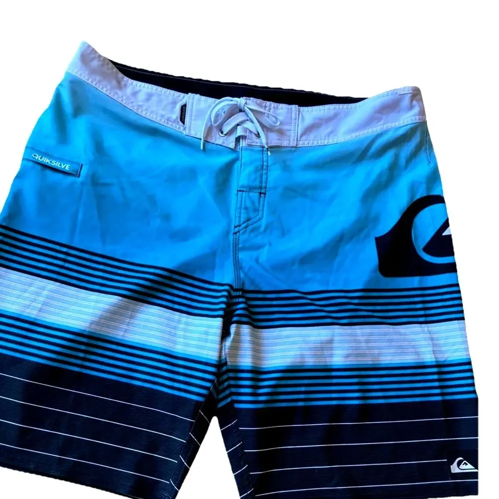 Quiksilver Board Shorts Mens 36 Blue Stripes Black Swim Trunks Beach Surf Retro